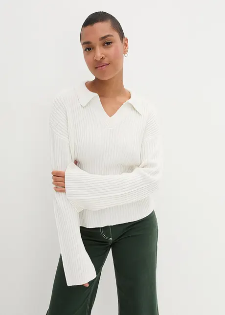 Pull boxy avec col polo et en matière côtelée, bonprix