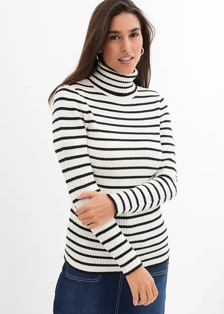 Pull col roulé côtelé à rayures, bonprix