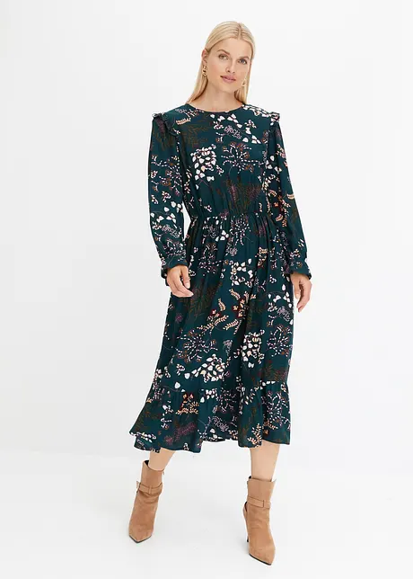 Robe moderne avec ruchés - vert profond à fleurs