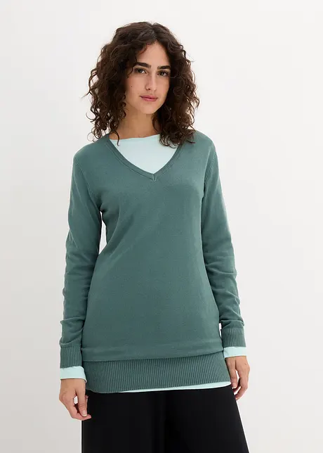 Pull long basique à col en V, bonprix