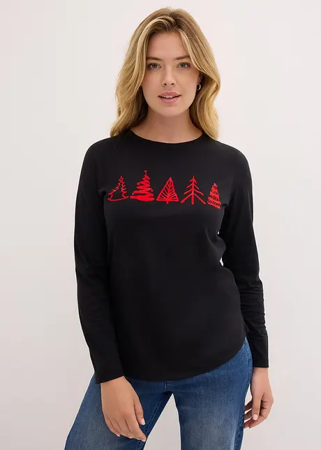 T-shirt coton à manches longues avec motif Noël, bonprix