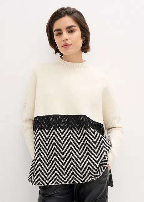 Pull rehaussé de dentelle, bonprix