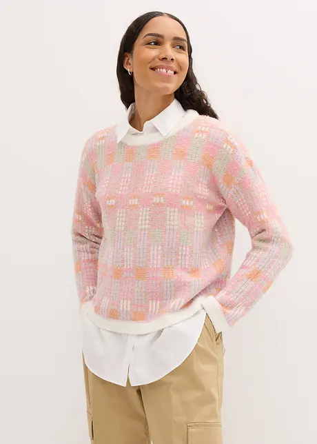 Pull col rond avec motif à carreaux, bonprix