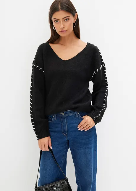 Pull en grosse maille douce à coutures contrastantes brodées, bonprix