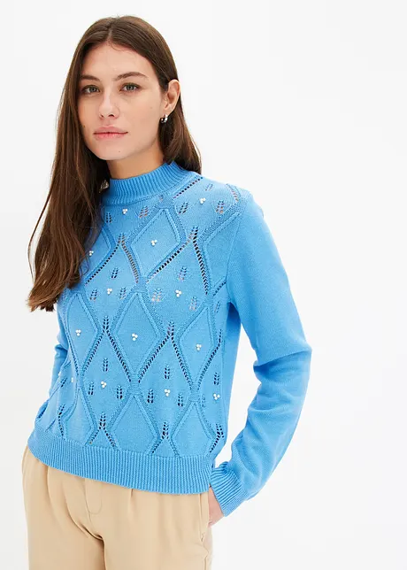 Pull douillet à motif ajouré et perles - bleu brillant