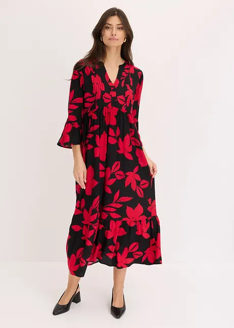 Robe longue en viscose fleurie à col V - noir/magenta à fleurs