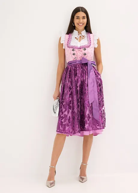 Dirndl Traditionnel Femme - Haut Noir Brodé, Jupe Rose, Tablier Dentelle Violet - Taille Unique à Fermeture éclair Latérale