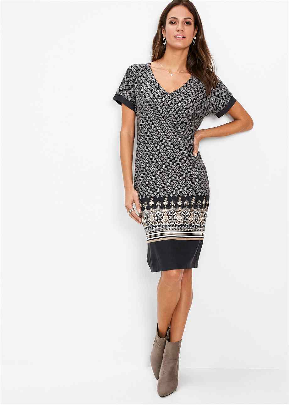 Robe en jersey à imprimé, manches courtes noir imprimé
