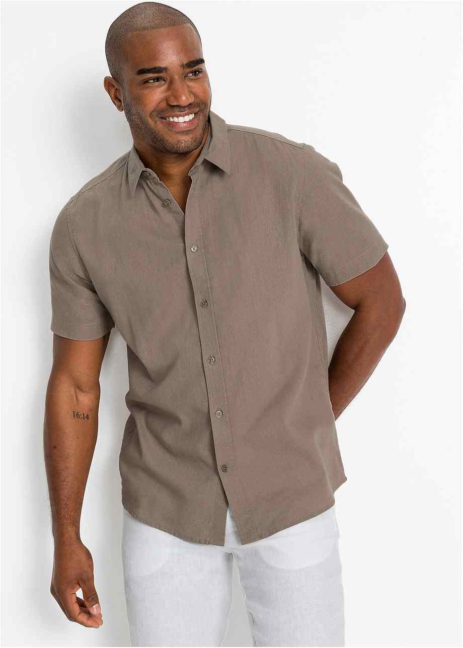 Chemise Homme Manches Courtes En M Lange Coton Lin Taupe