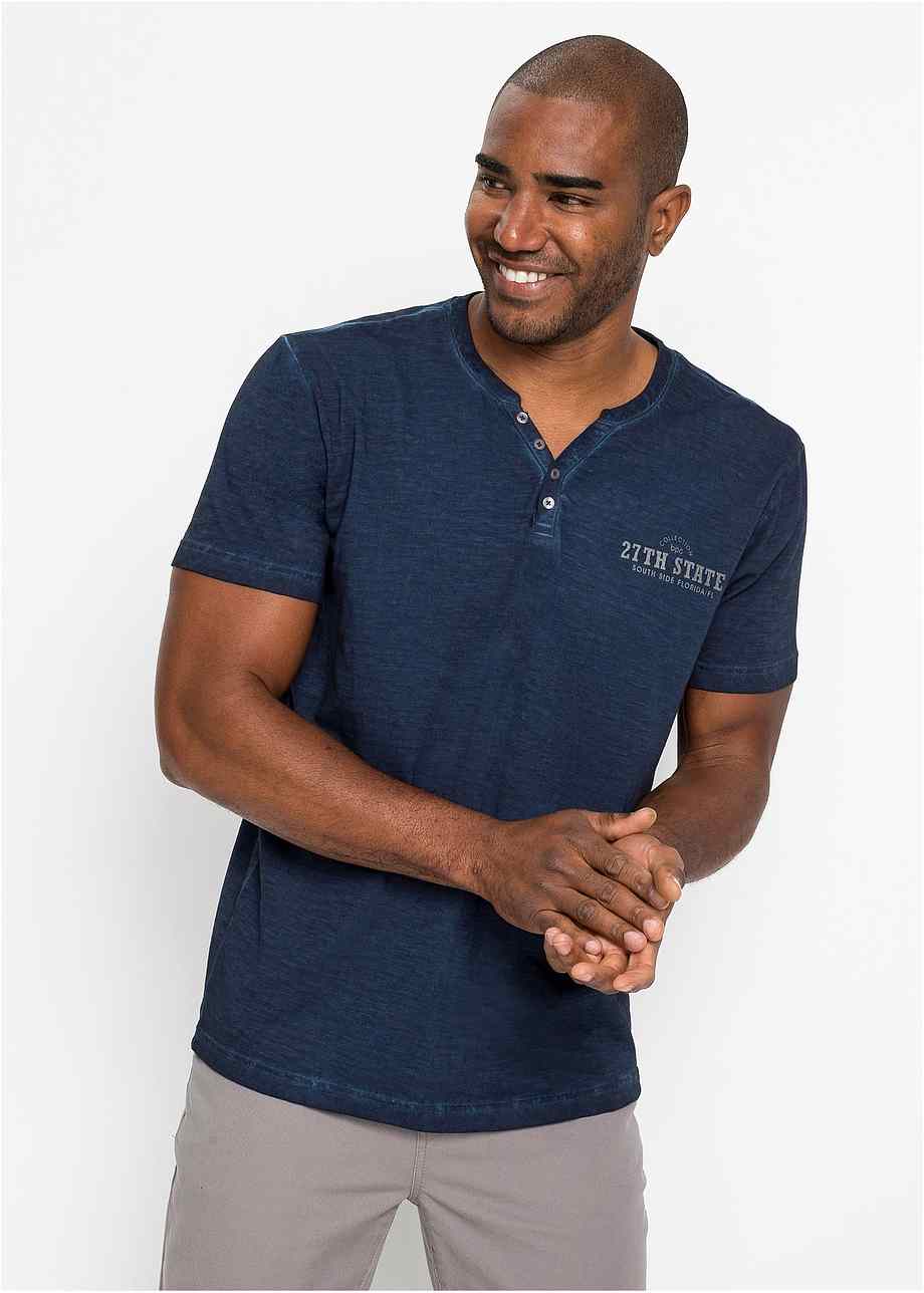 T-shirt homme à col Henley tendance - bleu foncé imprimé