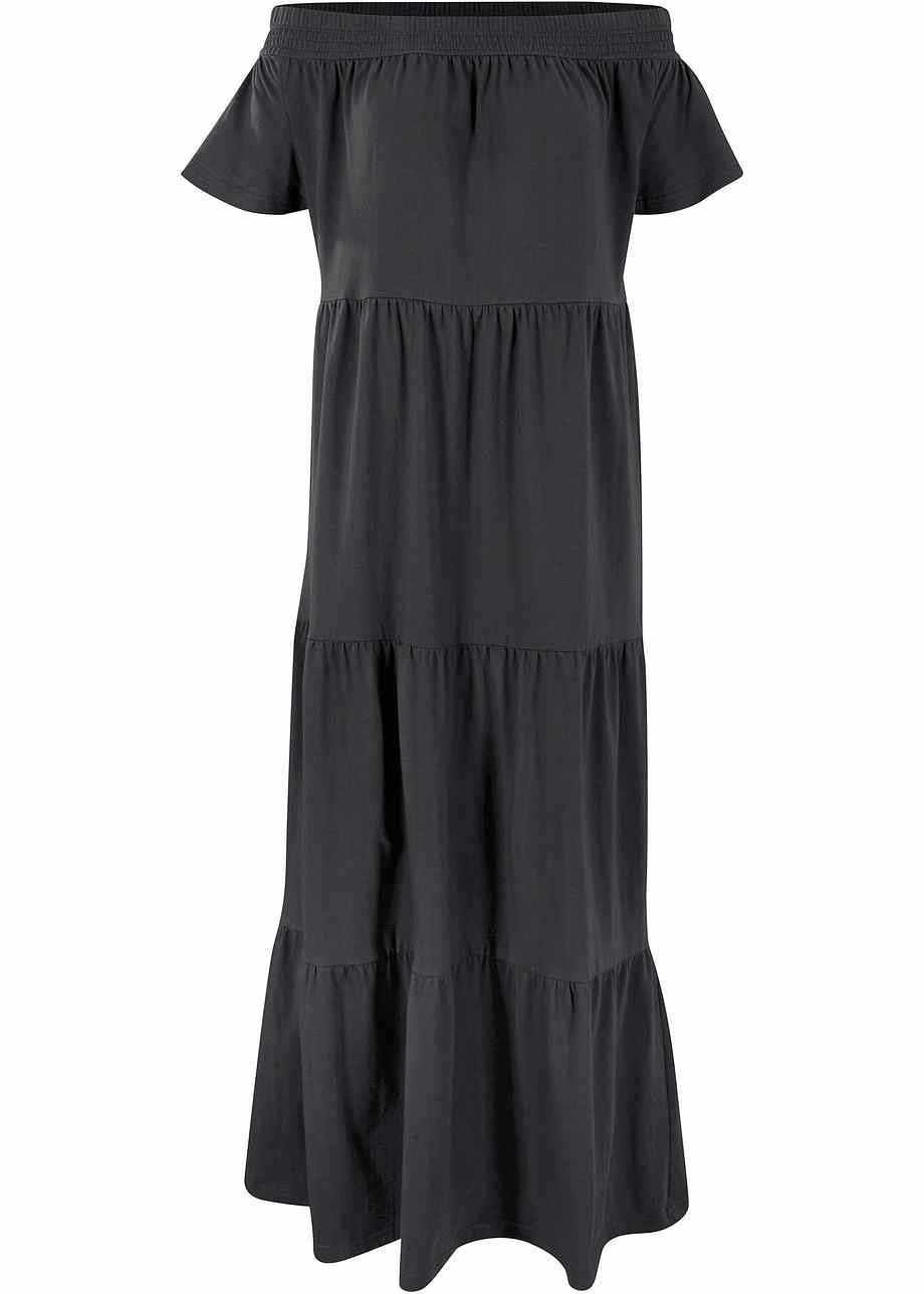 Robe longue unie en jersey coton avec volants fantaisie et grande