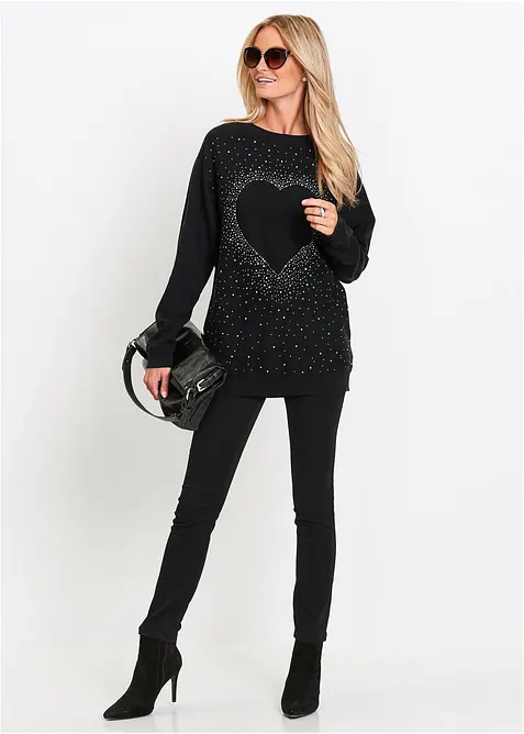 Pull long avec application cœur en strass, bonprix