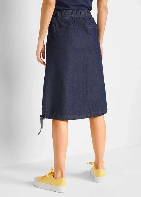 Jupe en jean extensible avec plis religieuse, lien à nouer et taille confortable, bonprix