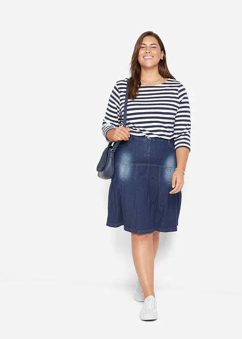 Jupe en jean avec plis religieuse et taille confortable, trapèze, bonprix