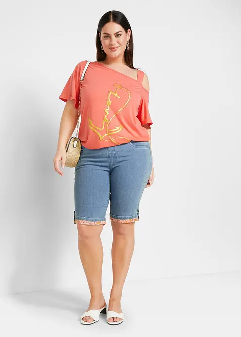 Bermuda en jean avec revers coloré, bonprix