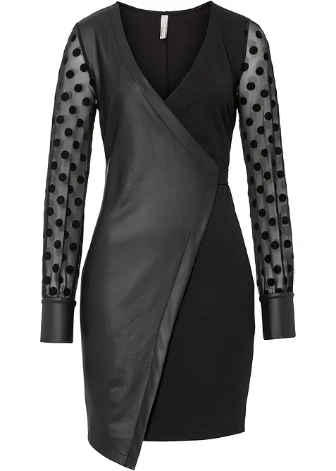 Robe avec empi&egrave;cement jersey et manches en mesh &agrave; pois, bonprix