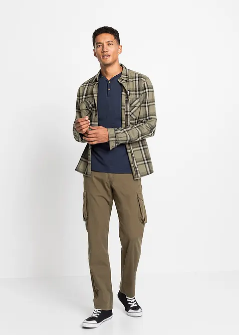 Lot de 2 T-shirts col tunisien manches longues, 100% coton, bonprix