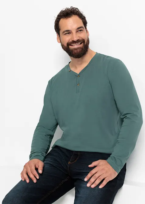 Lot de 2 T-shirts col tunisien manches longues, 100% coton, bonprix