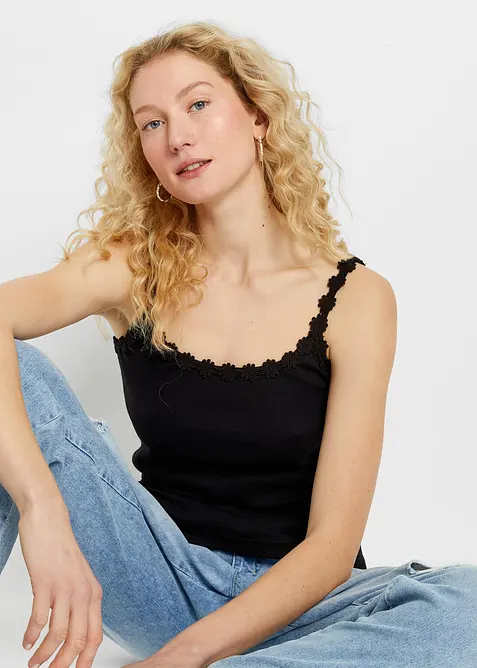 Tops côtelés avec bordure dentelle, bonprix