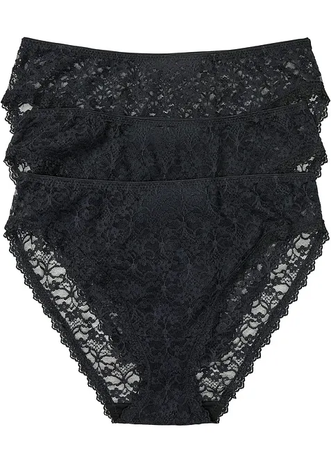 Lot de 3 slips Maxi échancrés en dentelle recyclée, bonprix