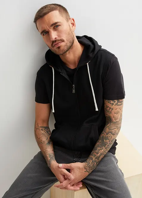 Sweat zipp&eacute; &agrave; capuche sans manches en coton m&eacute;lang&eacute;, bonprix