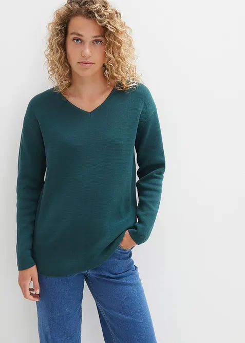 Pull col V en maille milano côtelée, bonprix