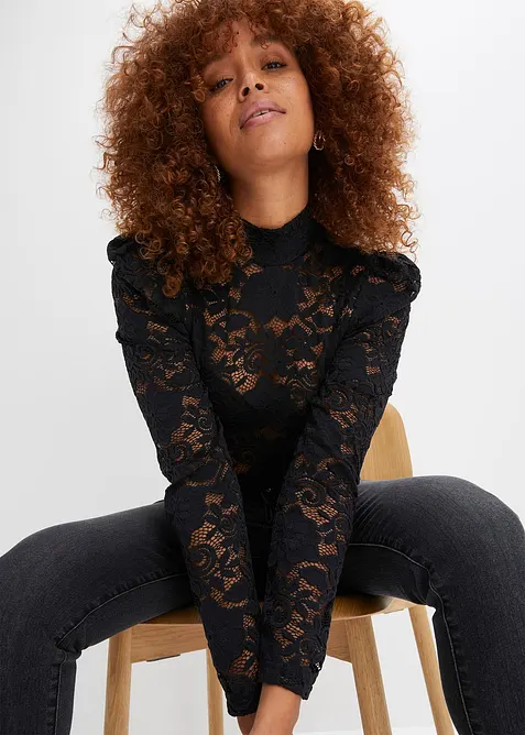 T-shirt manches longues cintr&eacute; en dentelle, bonprix