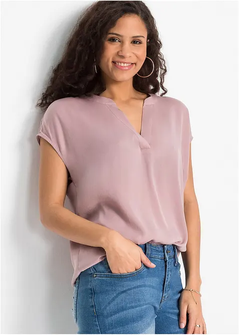 Blouse manches courtes ample en satin avec épaules descendues, bonprix