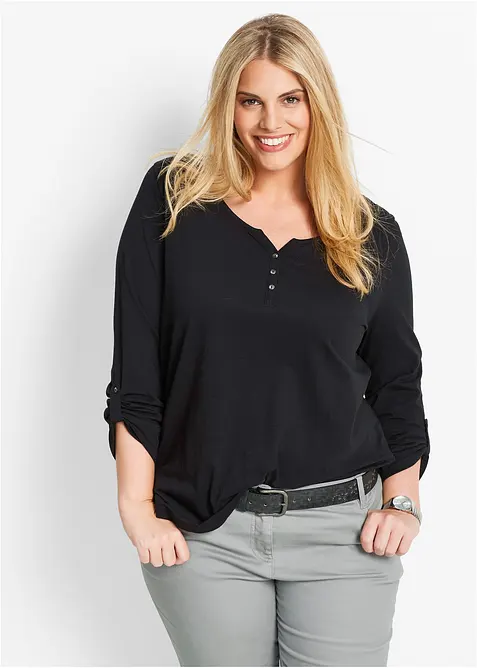 T-shirt manches longues à col boutonné, 100% coton, bonprix