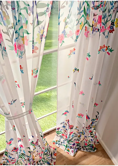 Lot de 2 voilages imprim&eacute; floral incl. embrasse, bonprix