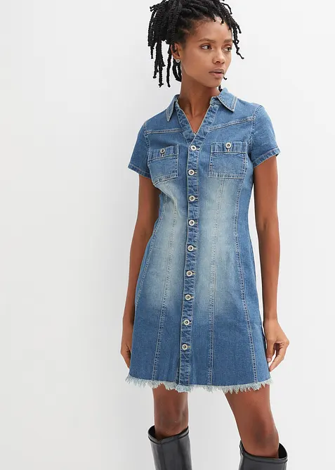 Robe en jean boutonnée avec ourlet à cru, bonprix