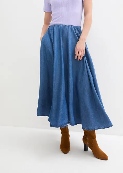 Jupe en jean, taille haute et &eacute;lastiqu&eacute;e, coton, bonprix