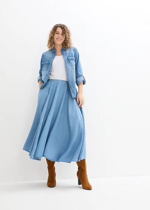 Jupe en jean, taille haute et élastiquée, bonprix