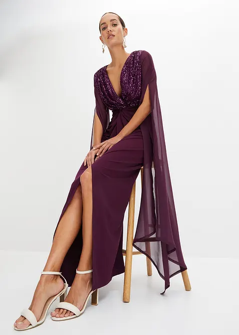 Robe de soir&eacute;e &agrave; sequins et manches en cr&ecirc;pe, bonprix