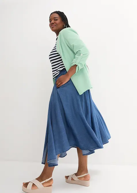 Jupe en jean, taille haute et &eacute;lastiqu&eacute;e, coton, bonprix