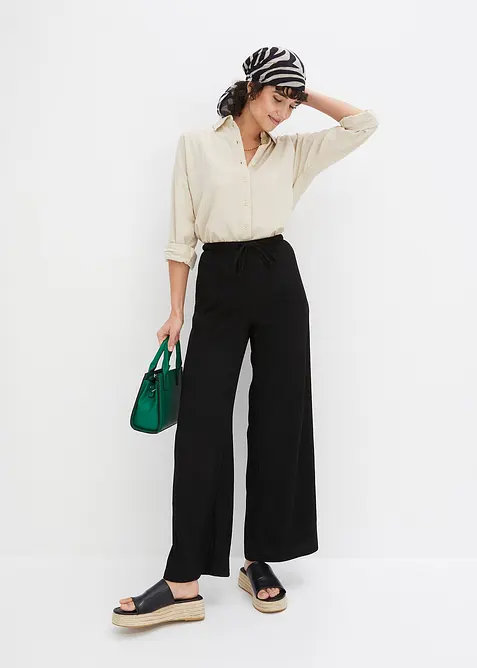 Pantalon taille haute en jersey texturé à ceinture élastiquée et lien à nouer, bonprix