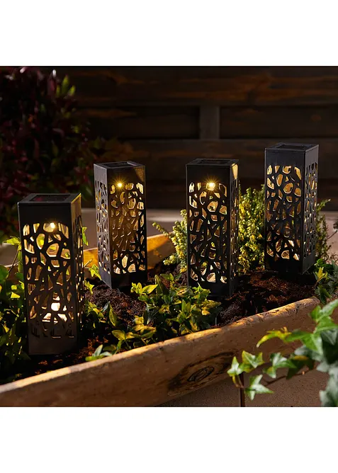 Lot de 4 piquets de jardin solaires avec ornements, bonprix
