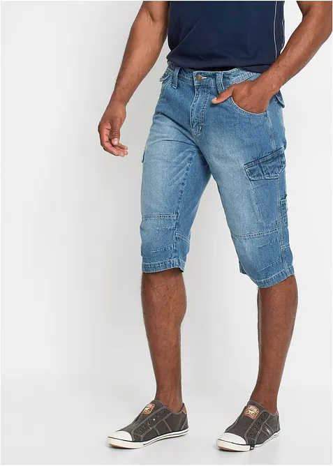 Bermuda long poches cargo en denim l&eacute;ger, coupe loose, bonprix