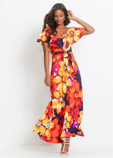 Robe longue à volant et ceinture, bonprix