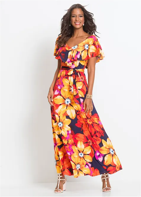 Robe longue à volant et ceinture, bonprix