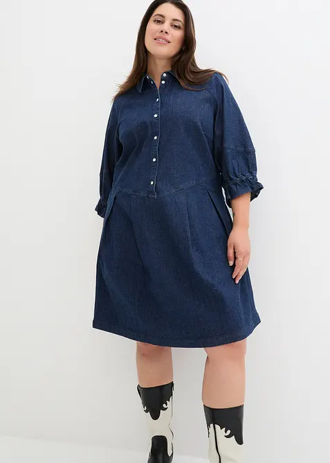 Robe courte et trapèze en jean, manches bouffantes 3/4, bonprix