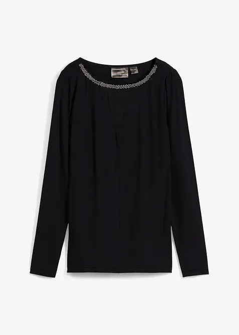 T-shirt manches longues avec empiècement mesh et strass, bonprix