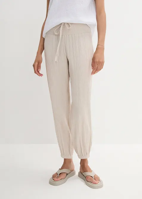 Pantalon en gaze de coton avec ceinture smockée, bonprix