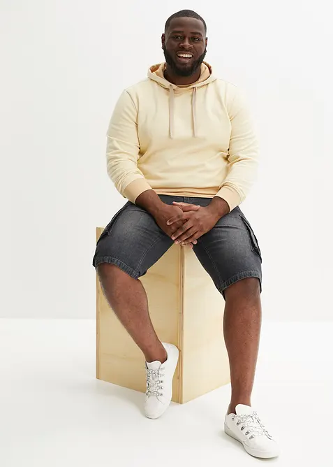 Bermuda cargo long en jean, loose, bonprix