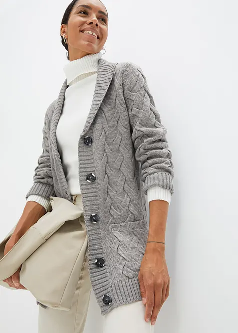 Gilet en maille à col châle et motif torsadé, bonprix