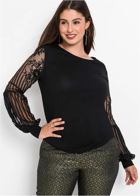 T-shirt manches longues viscose et dentelle, bonprix