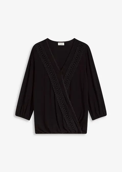 T-shirt manches 3/4 avec dentelle, style portefeuille, bonprix