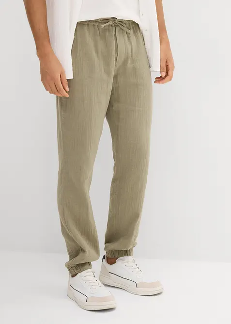 Pantalon jogger regular en gaze de coton, fusel&eacute;, bonprix