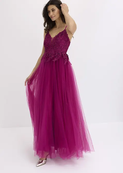 Robe longue en tulle délicat avec dentelle, bonprix
