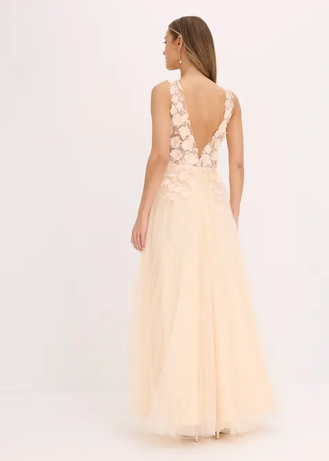 Robe longue en tulle fin avec fleurs appliquées, bonprix